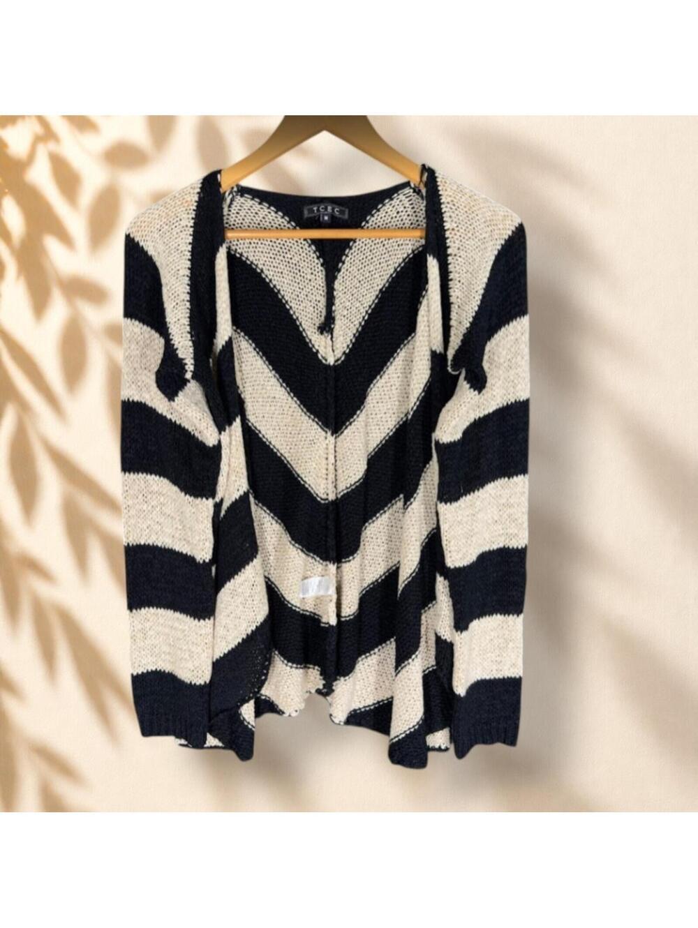 Tcec Cardigan Women M Medium Black Striped Open Front Knit Long Sleeve Acrylic